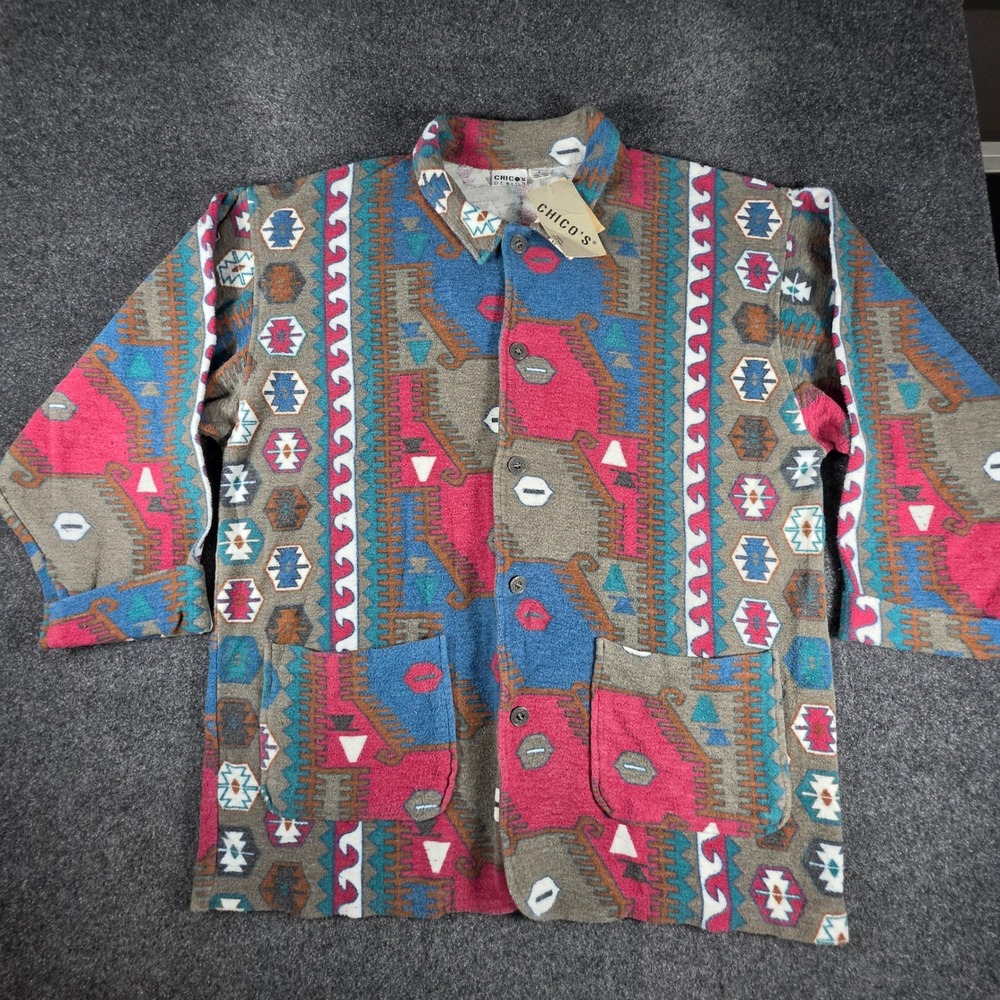 VTG Chico's Design Jacket Women Size 2 Southwestern Tribal Print Cotton NWT